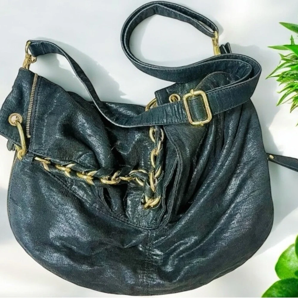Armani Exchange Black Leather Expandable Slouchy Hobo Chain Shoulder Bag